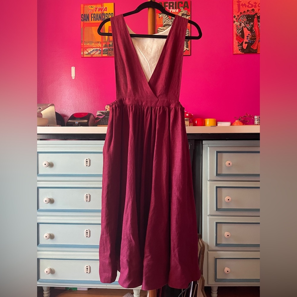 Handmade Burgundy Linen Pinafore Dress from Etsy seller TsiomikKids